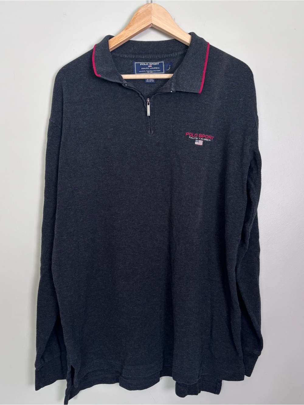 VTG Polo Sport Ralph Lauren Long Sleeve Knit 1/4 Zip Polo Shirt-Flag-Gray-XL
